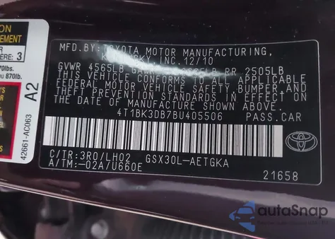 2011 Toyota Avalon from USA, damaged, VIN 4T1BK3DB7BU405506